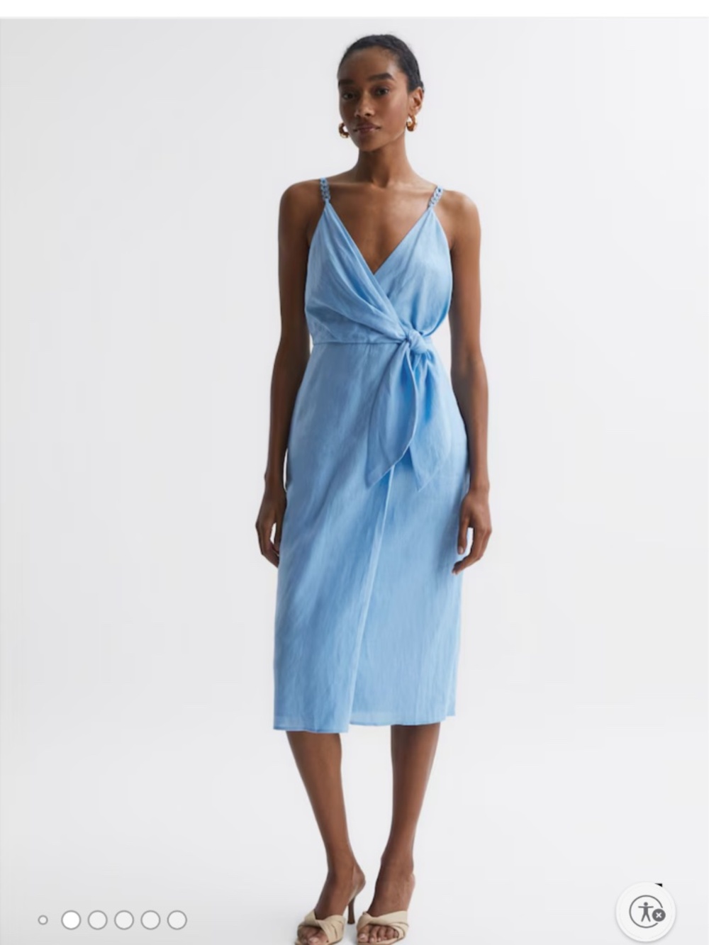 REISS Esme Linen Side Tie Midi Dress in Blue | Size 4